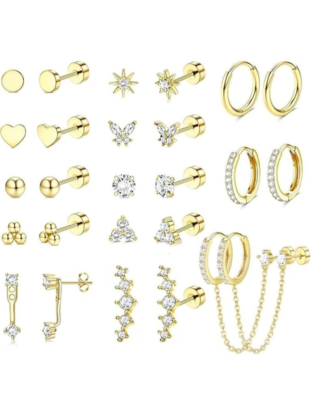 Surgical Stainless Steel Gold Flat Back Earrings Set for Women - Hypoallergenic